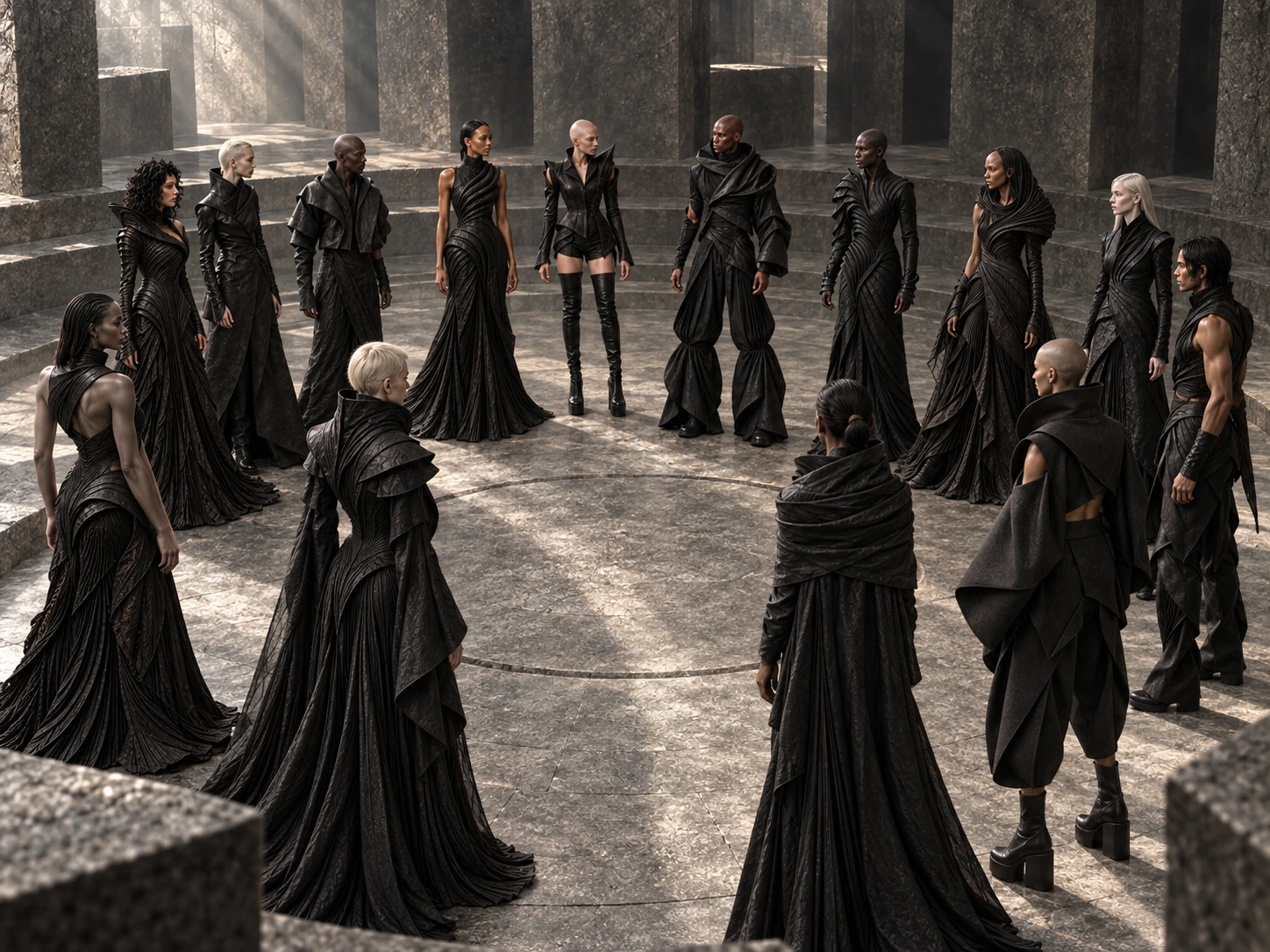The AFTERFORM cast gathers in a loose circle on the floor of a monumental stone sanctuary.