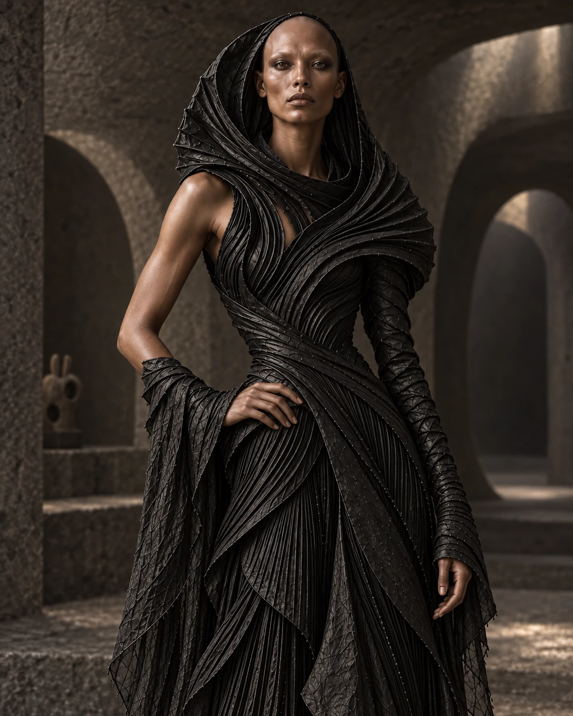 CINERIS in a carved underground chamber, with the model's face, folded hood and layered torso in close view.