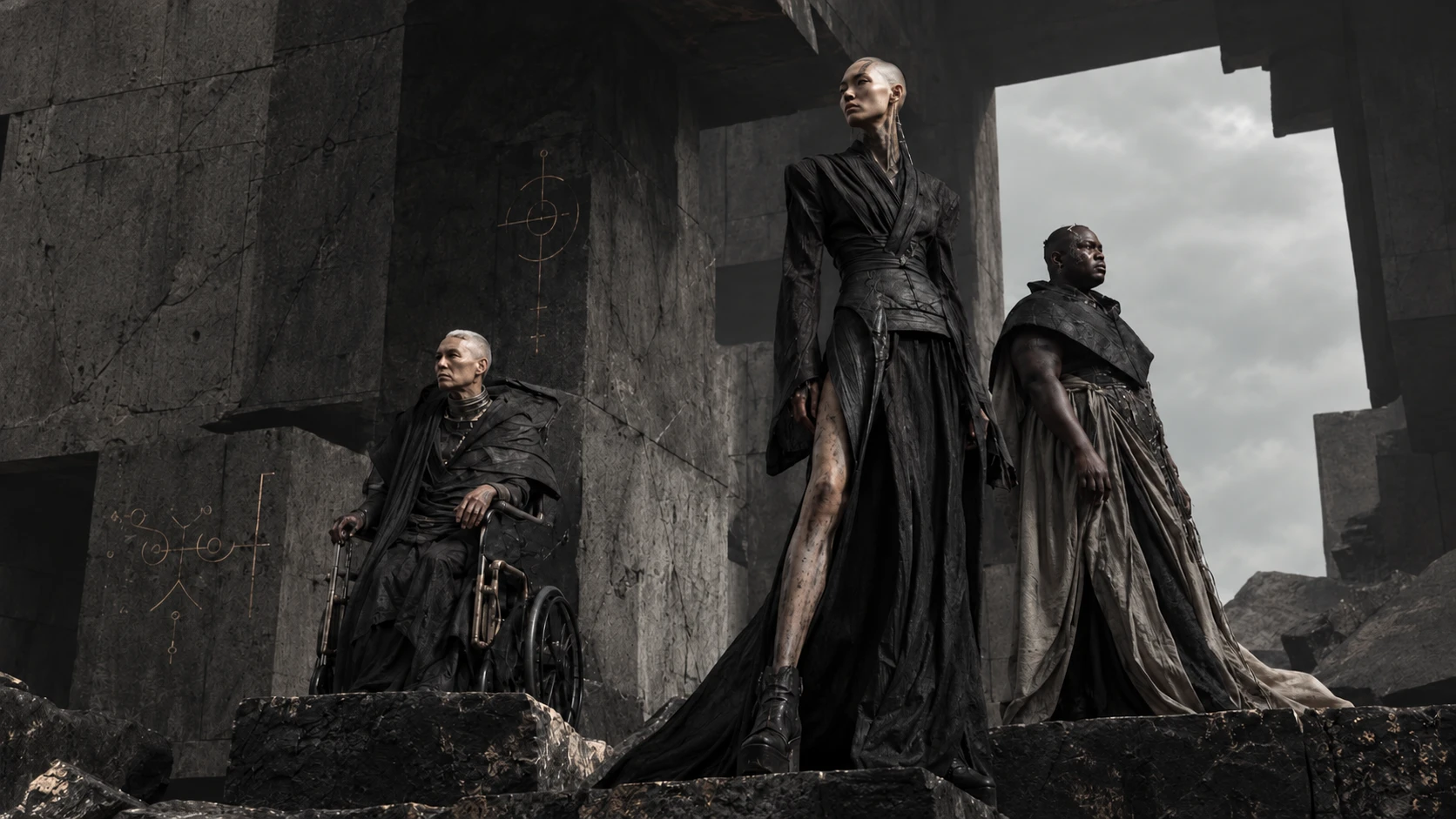 Three models, including a wheelchair user, within immense fractured stone architecture.