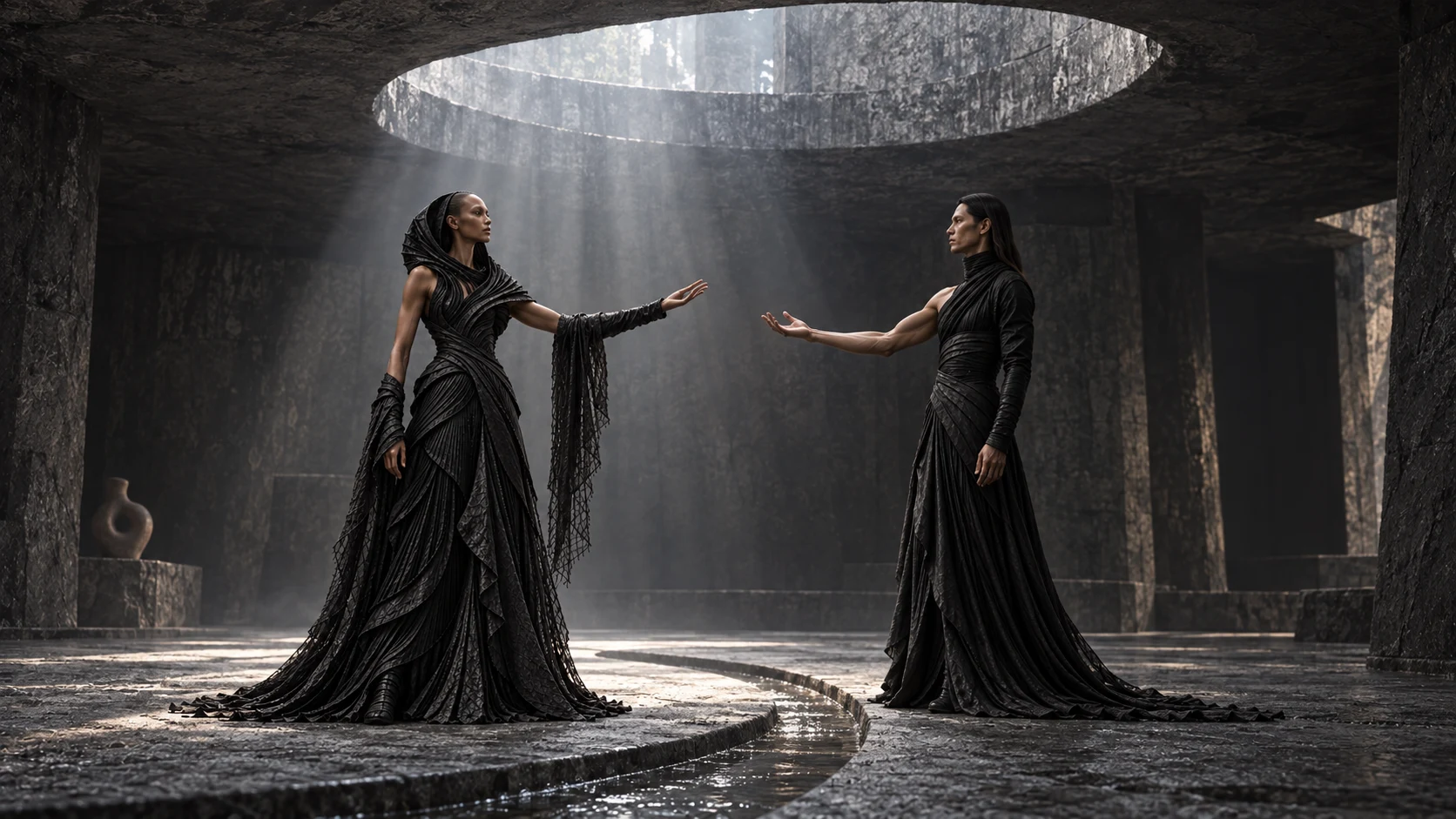 CINERIS and FLUX face each other beneath an elliptical opening in a vast underground chamber.