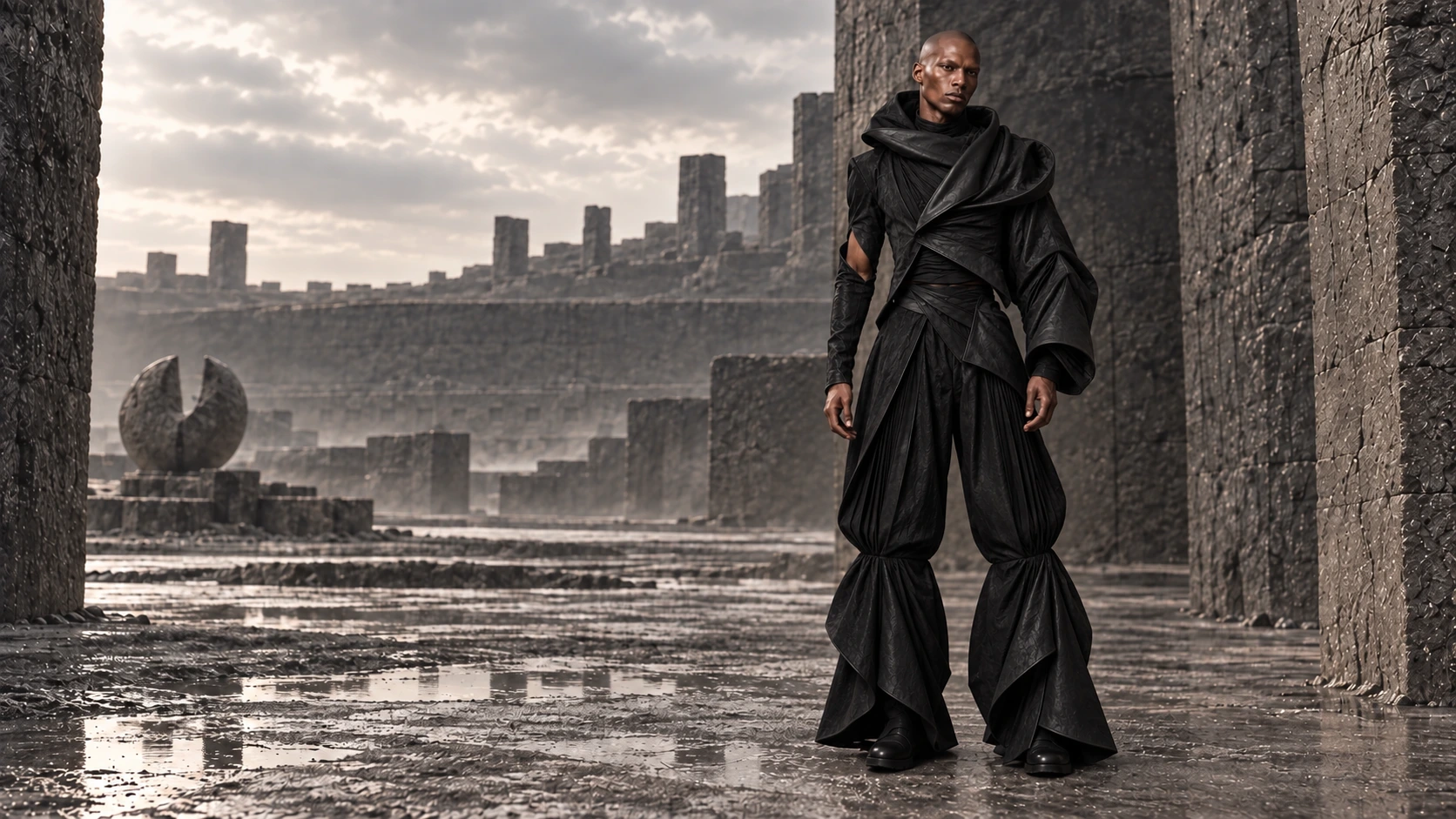 INTERVAL photographed in a folded jacket and sculptural gathered trousers in a wide, ash-covered stone court.