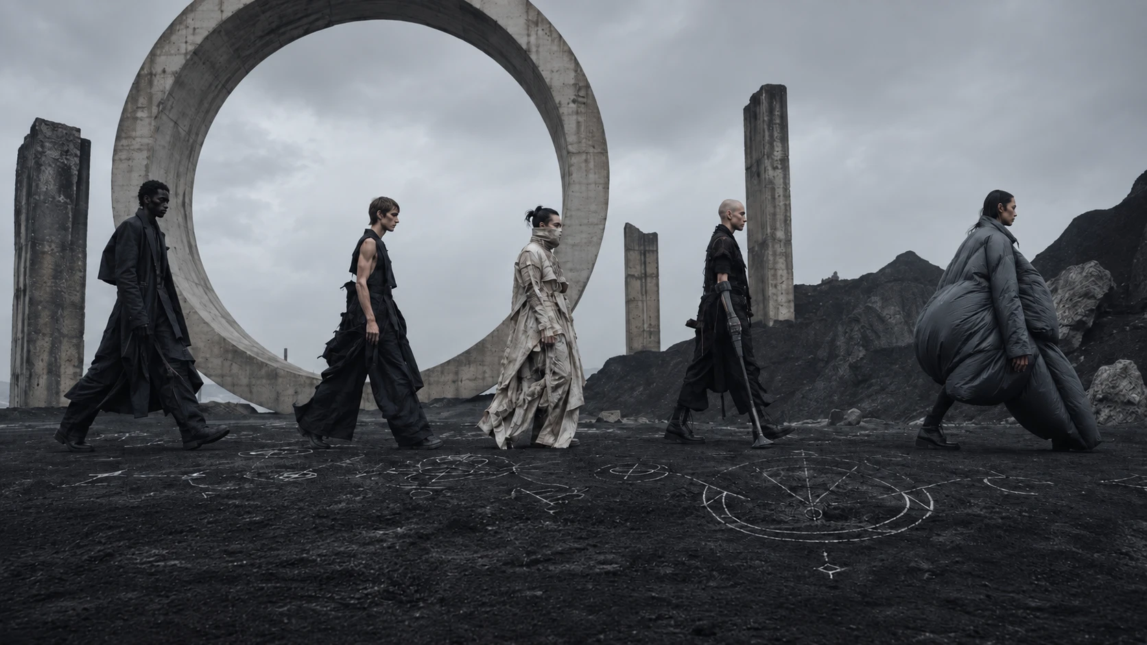 Five figures cross a dark landscape beneath a monumental stone circle.