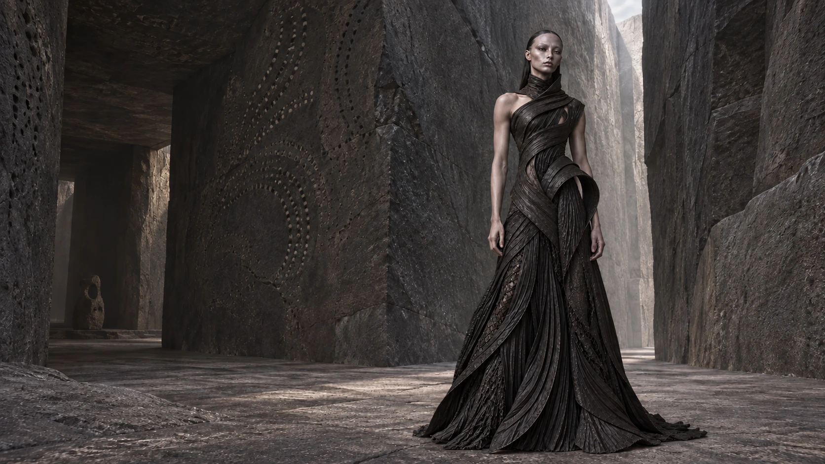 NEXUS stands in a narrow canyon of dark carved stone, lit from an opening above.